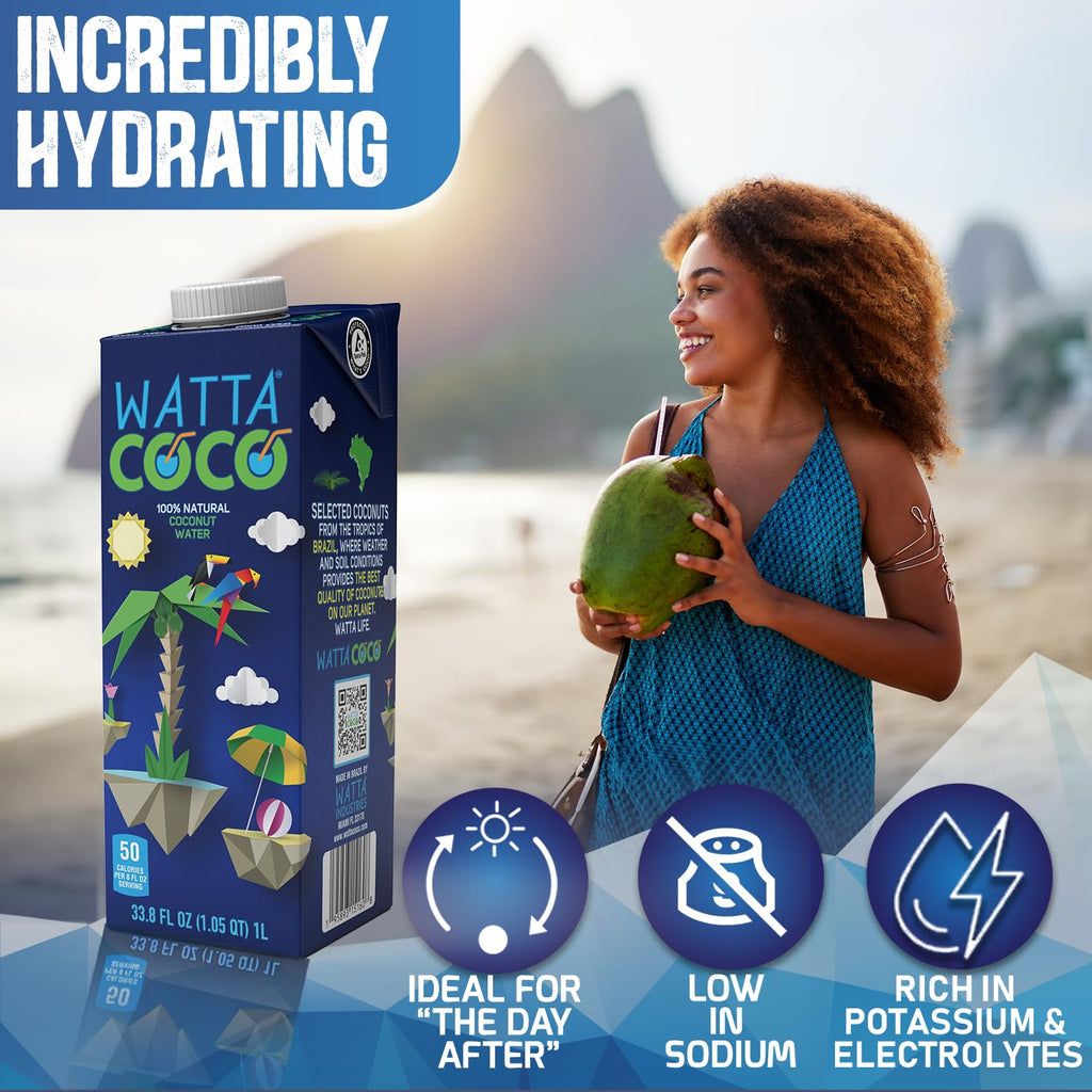 Watta Coco, Natural Brazilian Coconut Water, No Added Sugar - Unsweetened, Preservative Free, Agua de Coco - Healthy Drinks and Juice Alternative for Adults and Kids from Selected Young, Raw Green Coconuts 33.8 Fl Oz