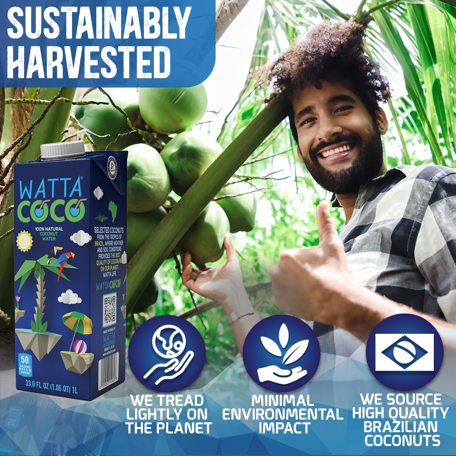 Watta Coco, Natural Brazilian Coconut Water, No Added Sugar - Unsweetened, Preservative Free, Agua de Coco - Healthy Drinks and Juice Alternative for Adults and Kids from Selected Young, Raw Green Coconuts 33.8 Fl Oz