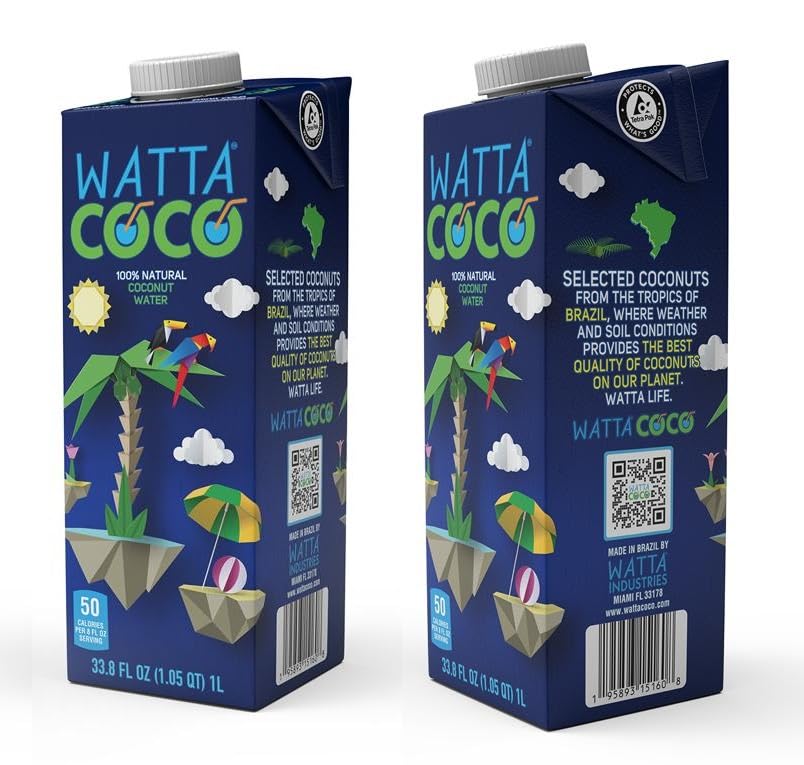 Watta Coco, Natural Brazilian Coconut Water, No Added Sugar - Unsweetened, Preservative Free, Agua de Coco - Healthy Drinks and Juice Alternative for Adults and Kids from Selected Young, Raw Green Coconuts 33.8 Fl Oz