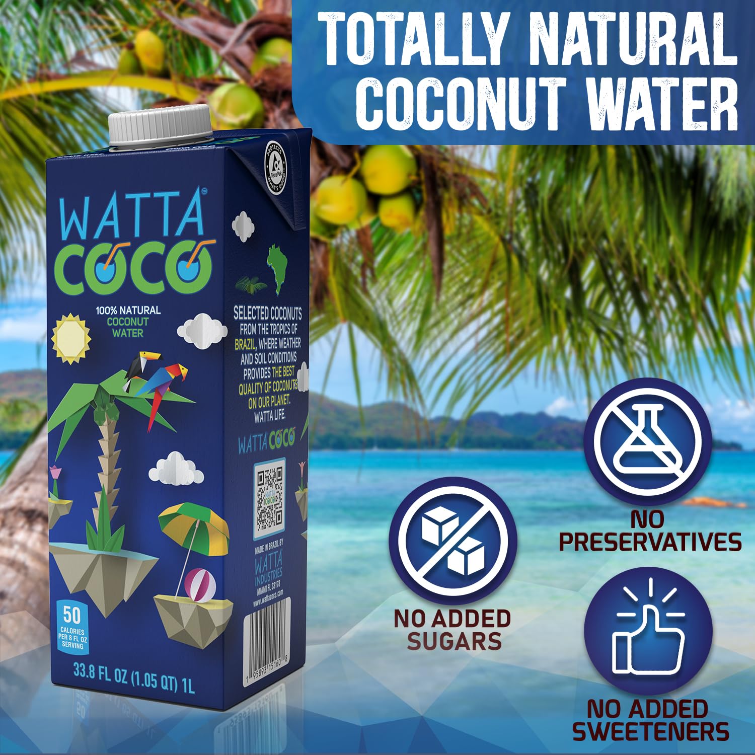 Watta Coco, Natural Brazilian Coconut Water, No Added Sugar - Unsweetened, Preservative Free, Agua de Coco - Healthy Drinks and Juice Alternative for Adults and Kids from Selected Young, Raw Green Coconuts 33.8 Fl Oz
