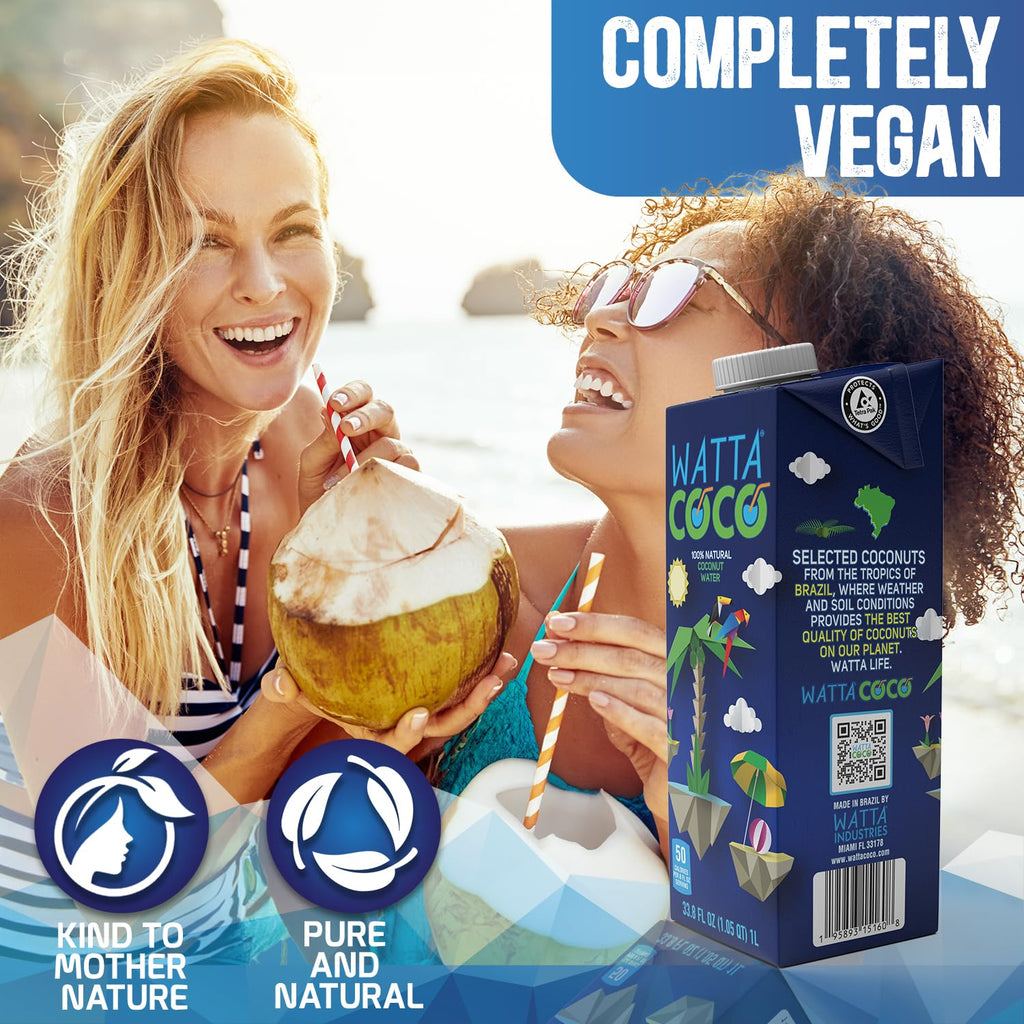 Watta Coco, Natural Brazilian Coconut Water, No Added Sugar - Unsweetened, Preservative Free, Agua de Coco - Healthy Drinks and Juice Alternative for Adults and Kids from Selected Young, Raw Green Coconuts 33.8 Fl Oz