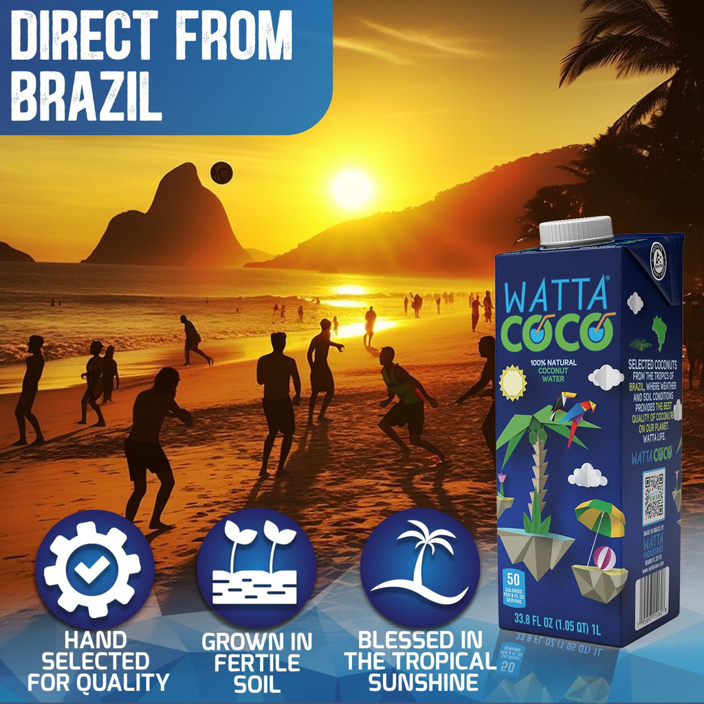 Watta Coco, Natural Brazilian Coconut Water, No Added Sugar - Unsweetened, Preservative Free, Agua de Coco - Healthy Drinks and Juice Alternative for Adults and Kids from Selected Young, Raw Green Coconuts 33.8 Fl Oz