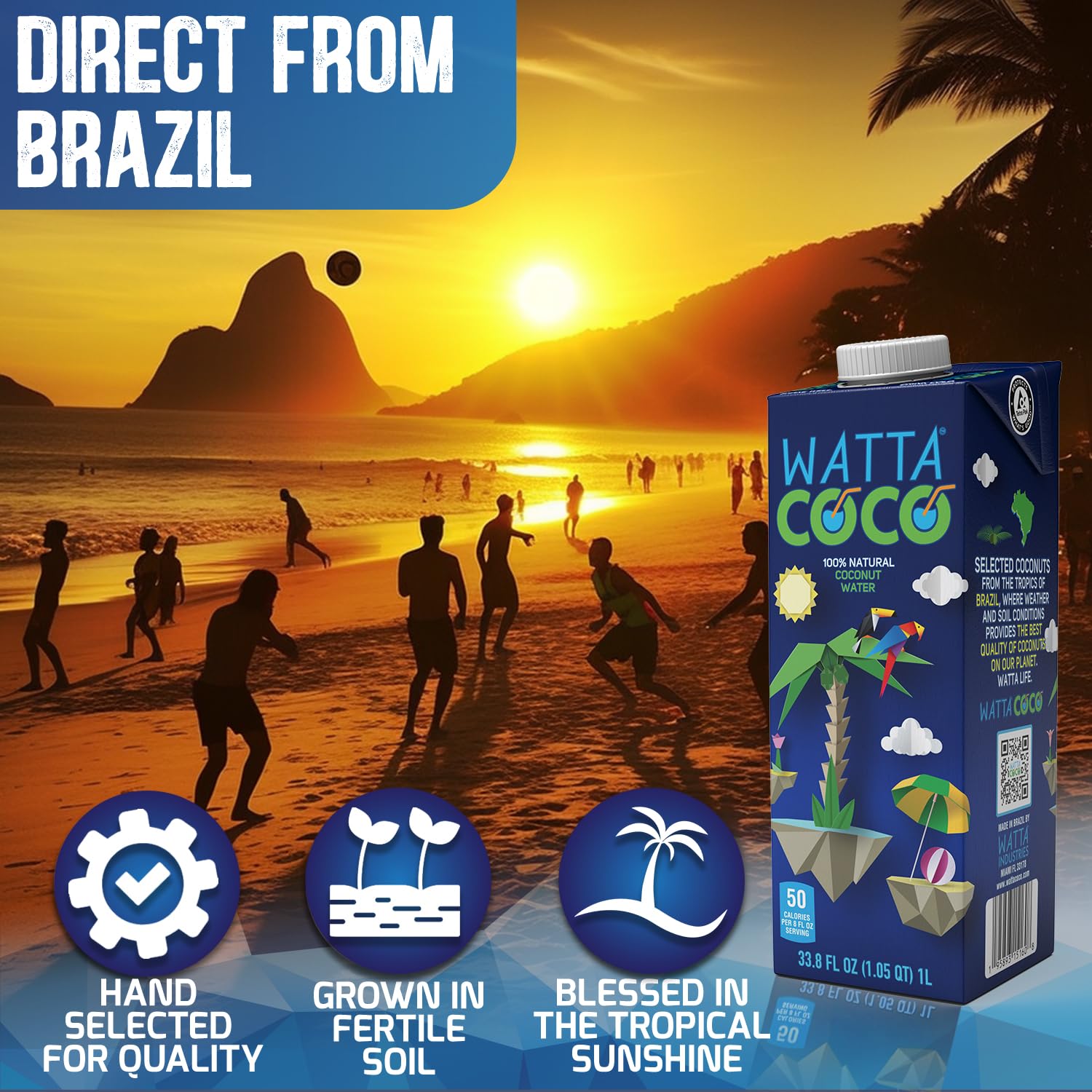 Watta Coco, Natural Brazilian Coconut Water, No Added Sugar - Unsweetened, Preservative Free, Agua de Coco - Healthy Drinks and Juice Alternative for Adults and Kids from Selected Young, Raw Green Coconuts 33.8 Fl Oz