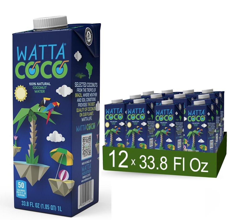 Watta Coco, Natural Brazilian Coconut Water, No Added Sugar - Unsweetened, Preservative Free, Agua de Coco - Healthy Drinks and Juice Alternative for Adults and Kids from Selected Young, Raw Green Coconuts 33.8 Fl Oz