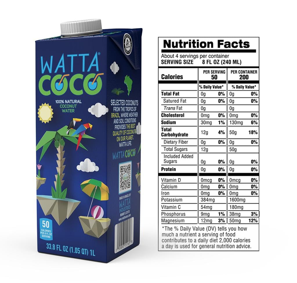 Watta Coco, Natural Brazilian Coconut Water, No Added Sugar - Unsweetened, Preservative Free, Agua de Coco - Healthy Drinks and Juice Alternative for Adults and Kids from Selected Young, Raw Green Coconuts 33.8 Fl Oz