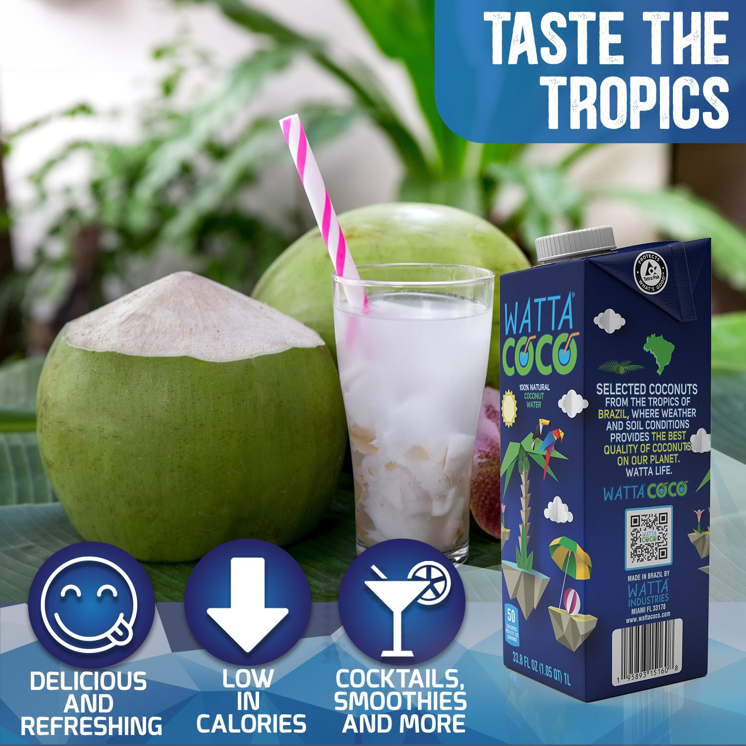 Watta Coco, Natural Brazilian Coconut Water, No Added Sugar - Unsweetened, Preservative Free, Agua de Coco - Healthy Drinks and Juice Alternative for Adults and Kids from Selected Young, Raw Green Coconuts 33.8 Fl Oz
