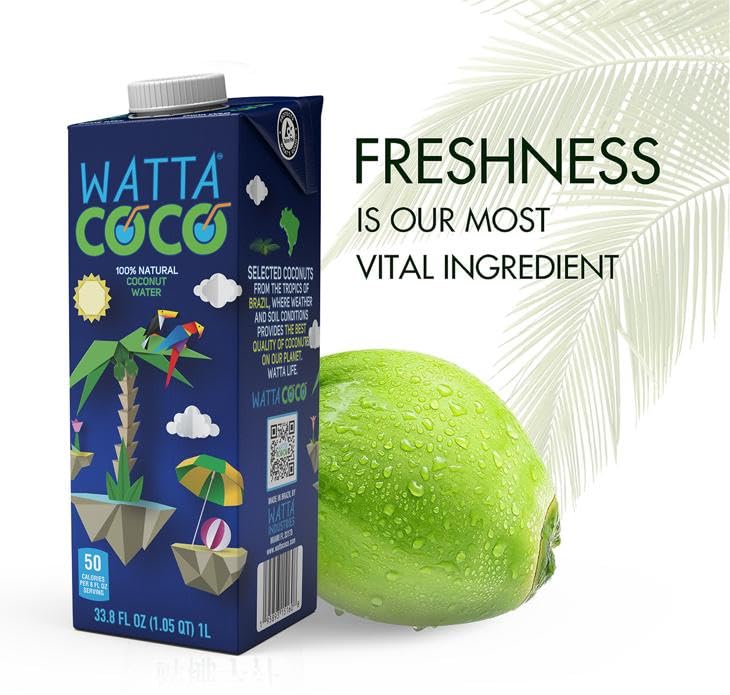 Watta Coco, Natural Brazilian Coconut Water, No Added Sugar - Unsweetened, Preservative Free, Agua de Coco - Healthy Drinks and Juice Alternative for Adults and Kids from Selected Young, Raw Green Coconuts 33.8 Fl Oz