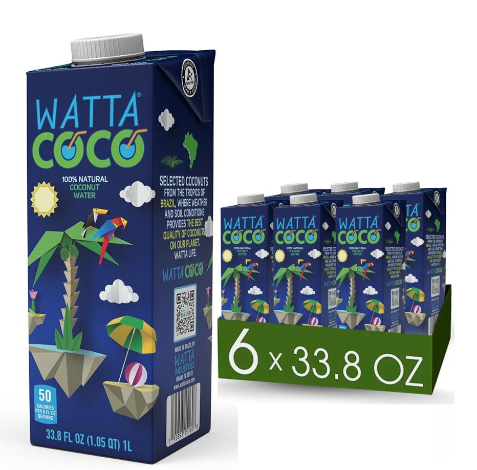 Watta Coco, Natural Brazilian Coconut Water, No Added Sugar - Unsweetened, Preservative Free, Agua de Coco - Healthy Drinks and Juice Alternative for Adults and Kids from Selected Young, Raw Green Coconuts 33.8 Fl Oz
